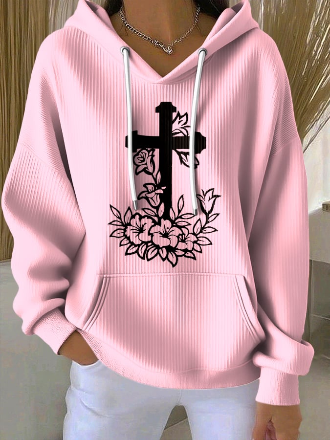 Women's Faith Cross Floral Print Hooded Sweatshirt