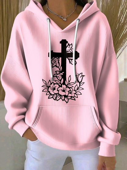 Women's Faith Cross Floral Print Hooded Sweatshirt