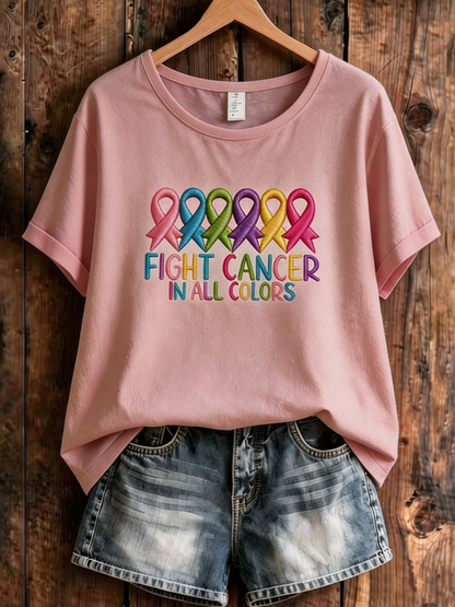 Women'S Casual Cancer Promotion Month Multi Color Round Print Short-Sleeve T-Shirt