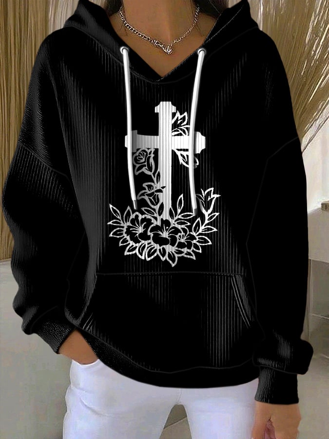 Women's Faith Cross Floral Print Hooded Sweatshirt