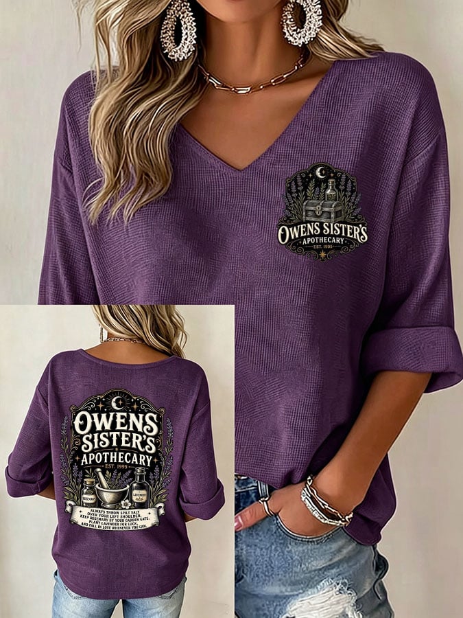 Women's Owens Sisters Apothecary Witch Print V Neck Top