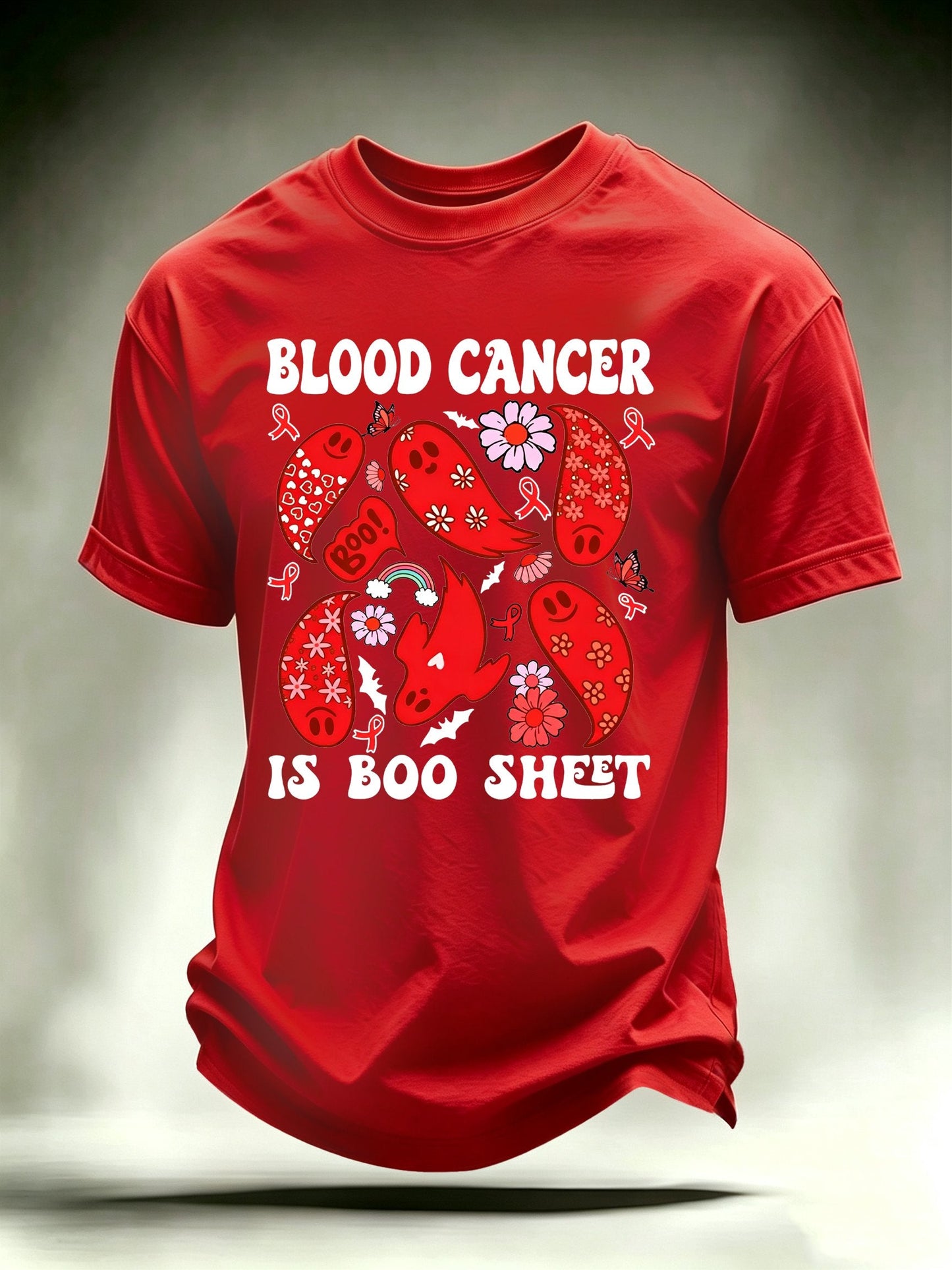 Men's Blood Cancer Awareness Red Ribbon Cute Ghosts Halloween Support Artwork T-Shirt