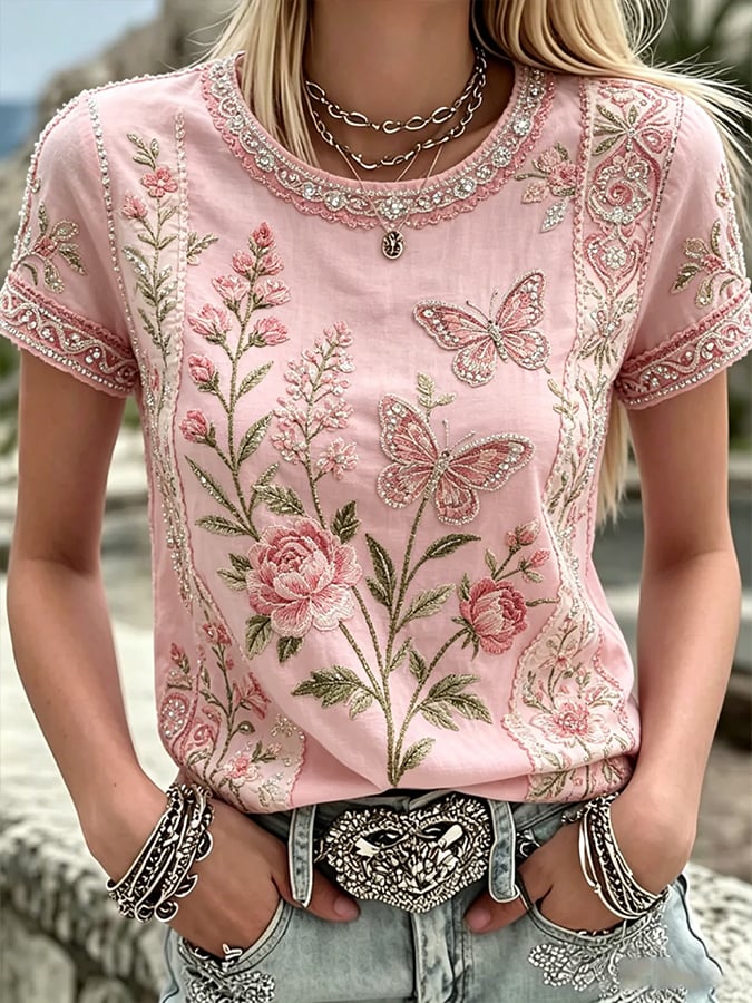 Women'S Casual Pink Floral Print Short-Sleeve Top