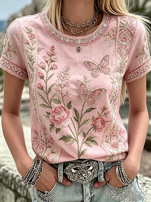 Women'S Casual Pink Floral Print Short-Sleeve Top