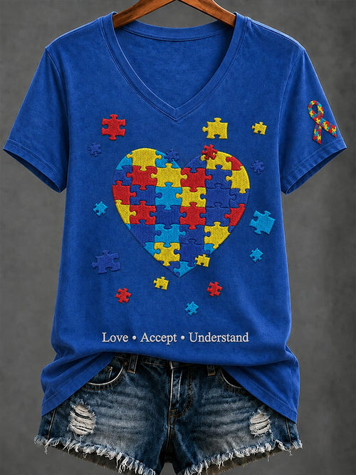 Women'S Casual V-Neck Top With Autism Awareness Print