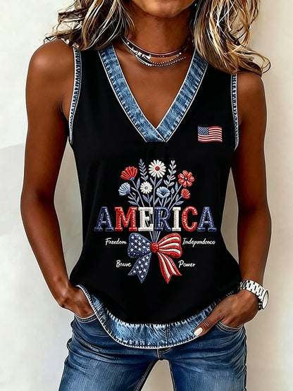 Women's 250th Anniversary Freedom Flower Art  Print Casual V-Neck Vest
