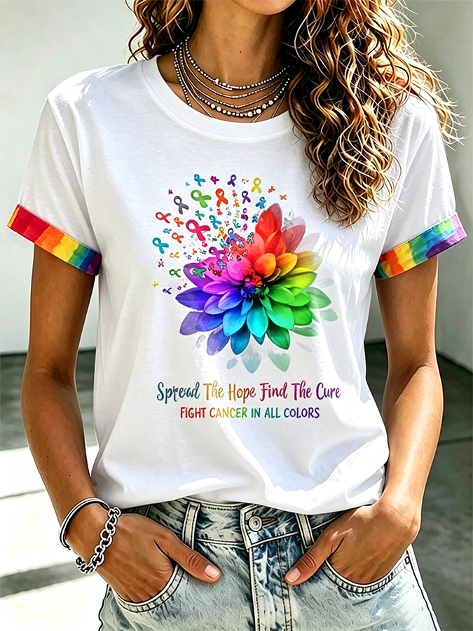 Women's All Cancer Awareness Printed Round Neck T-shirt
