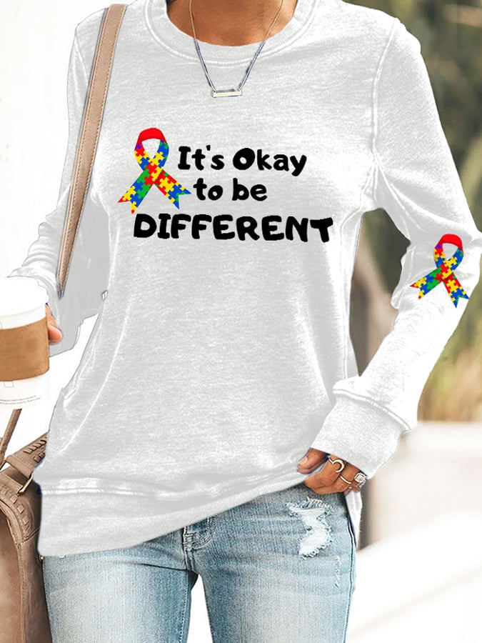 Retro Autism Awareness Ribbon It's Ok To Be Different Print Sweatshirt