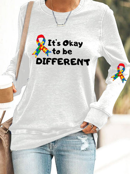 Retro Autism Awareness Ribbon It's Ok To Be Different Print Sweatshirt