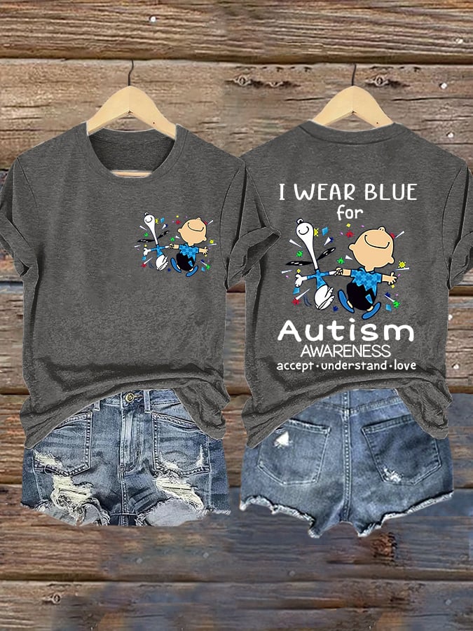 Retro Autism Awareness I Wear Blue For Autism Accept, Understand, Love Print T-Shirt