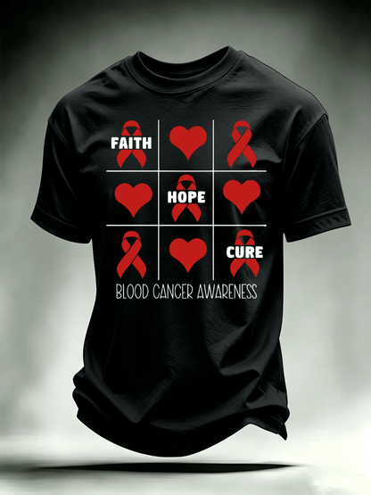 Men's T-shirts with designs promoting awareness of blood cancers