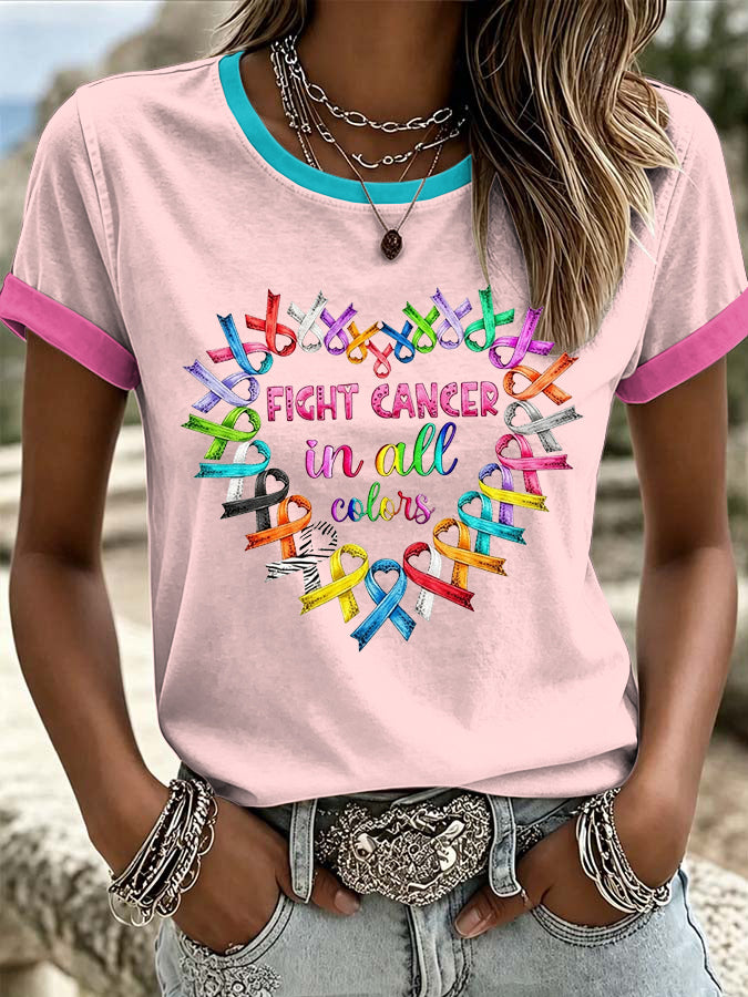 Women's Retro Fight Cancer In All Colors Printed T-shirt