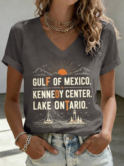 V-Neck Retro FDT Gulf Of Mexico. Kennedy Center. Lake Ontario. Print T-Shirt