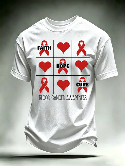 Men's T-shirts with designs promoting awareness of blood cancers