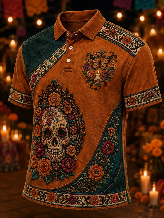 Men's Day Of The Dead Skull Butterfly Candle Ornate Floral Print Short Sleeve Polo Shirt