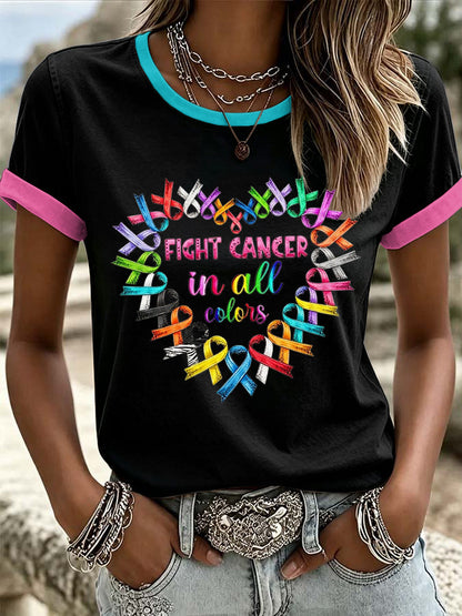 Women's Retro Fight Cancer In All Colors Printed T-shirt