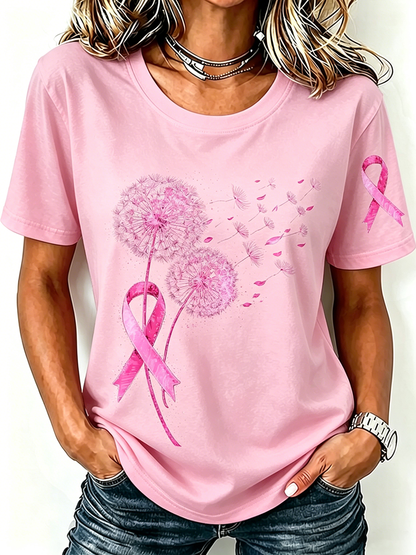 Pink Series Disease Health Awareness Public Welfare Printed Round Neck T-Shirt