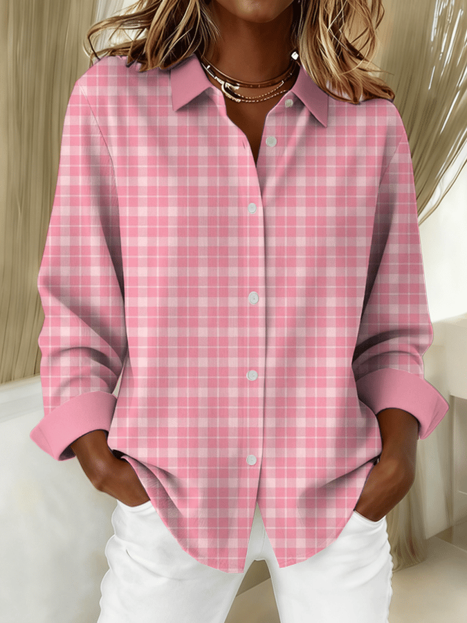 Women's Breast Cancer Pink Plaid Patchwork Print Linen Comfort Shirt
