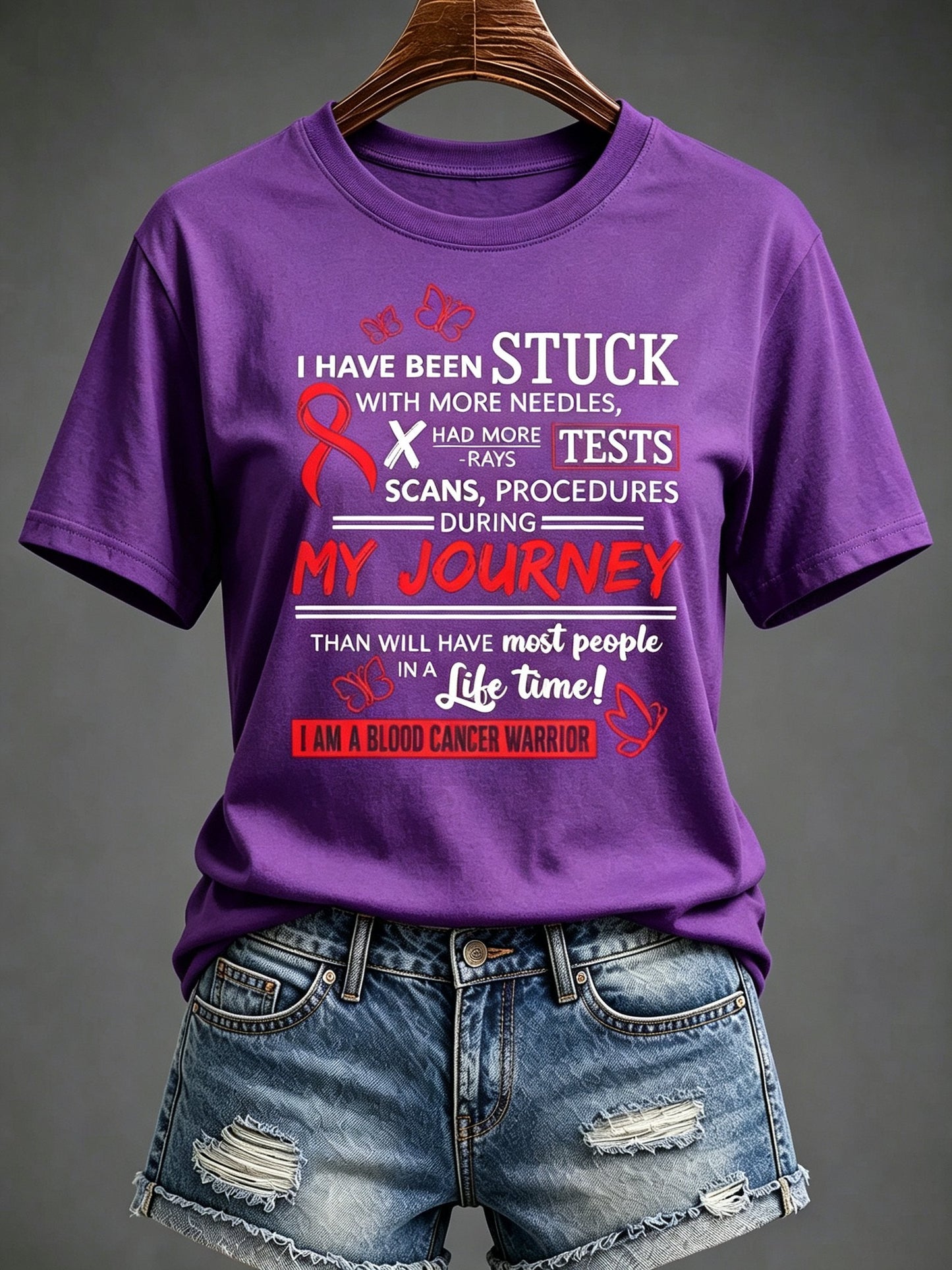Women'S Blood Cancer Red Ribbon Health Awareness Round Neck T-Shirt