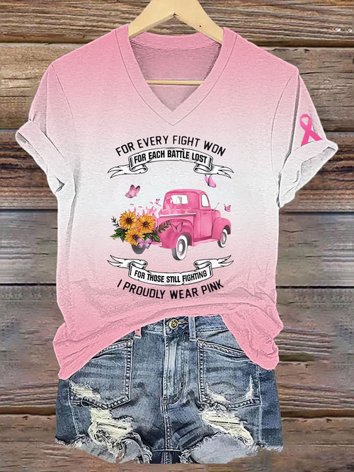 Women's For Every Fight Won For Each Battle Lost For Those Still Fighting I Proudly Wear Pink  Breast Cancer Awareness Print T-Shirt