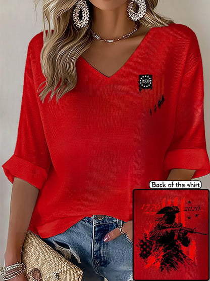 V-Neck 250th Anniversary Distressed American Flag 2-sided Print T-Shirt