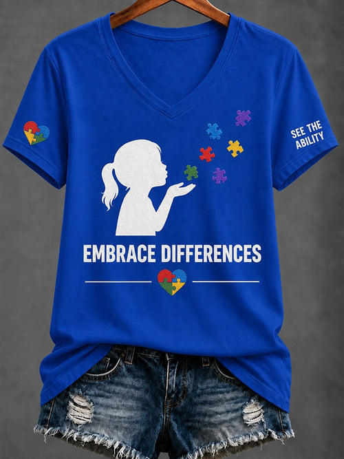 Women'S Casual V-Neck Top With Autism Awareness Print
