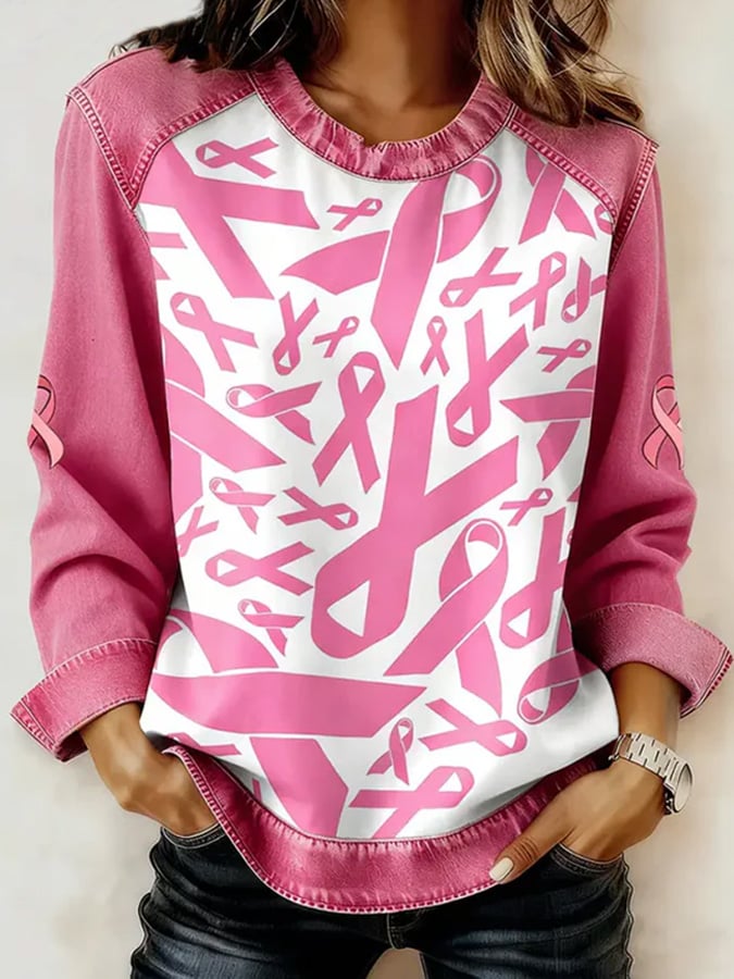 Women'S Casual Sweatshirt With Breast Cancer Awareness Print