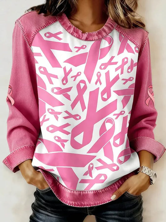 Women'S Casual Sweatshirt With Breast Cancer Awareness Print