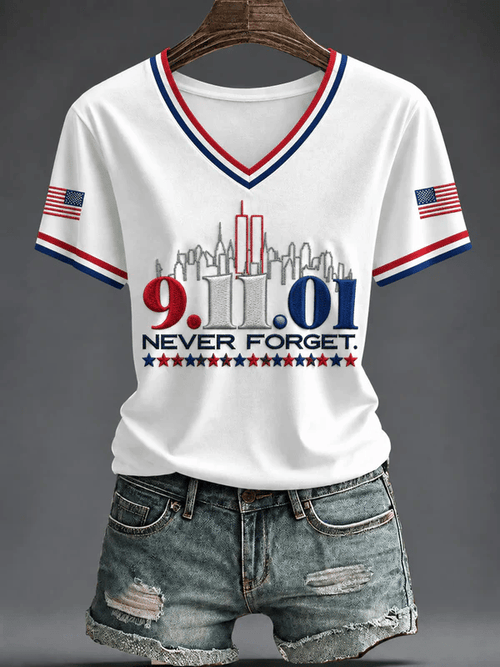 Women's 9.11 Never Forget Print V Neck T-shirt