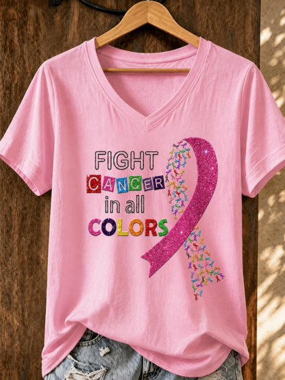 Women'S Cancer Awareness Main Pattern Printed V-Neck T-Shirt