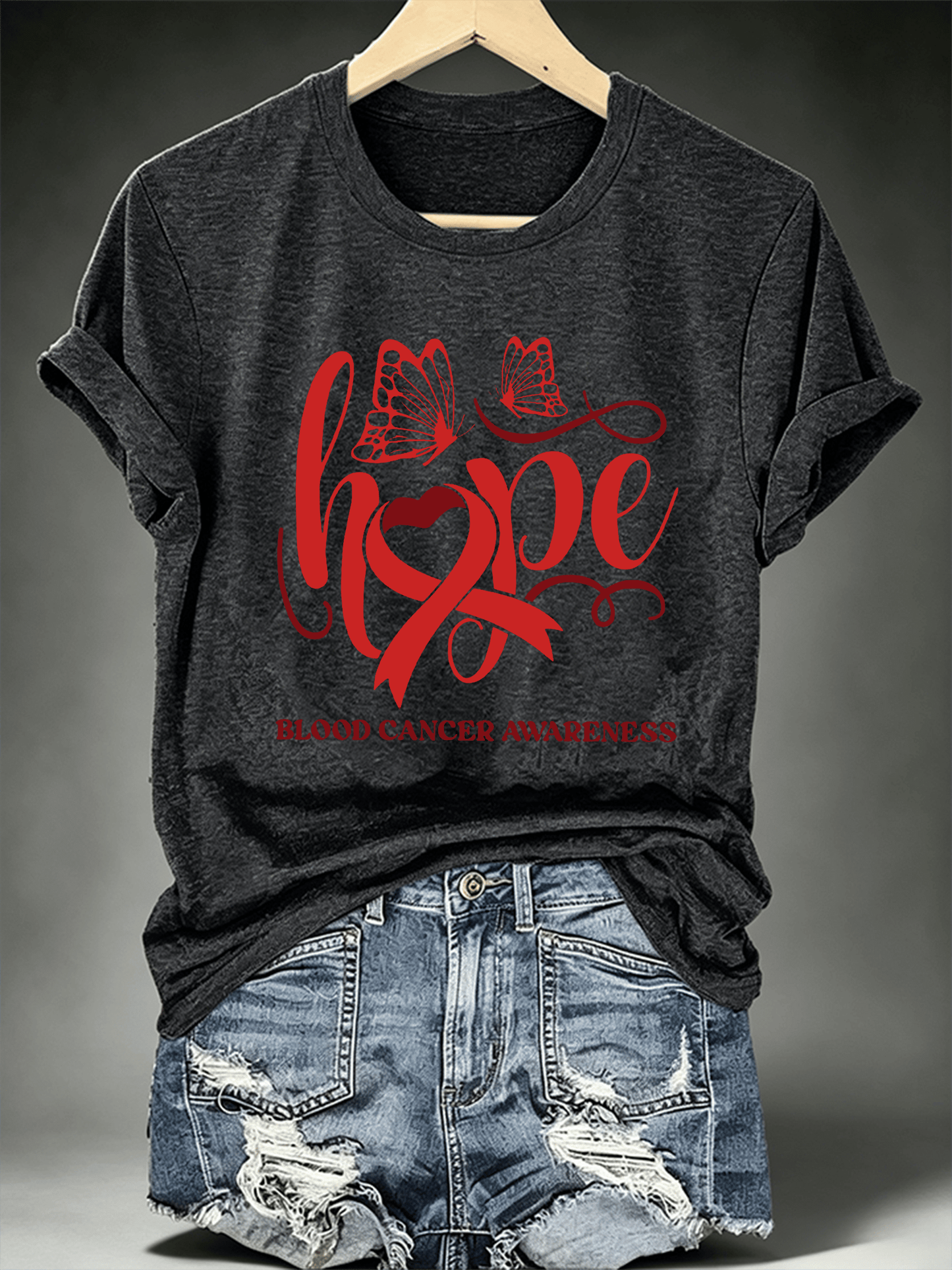 Women's T-shirts with designs promoting awareness of blood cancers