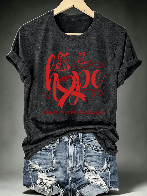 Women's T-shirts with designs promoting awareness of blood cancers