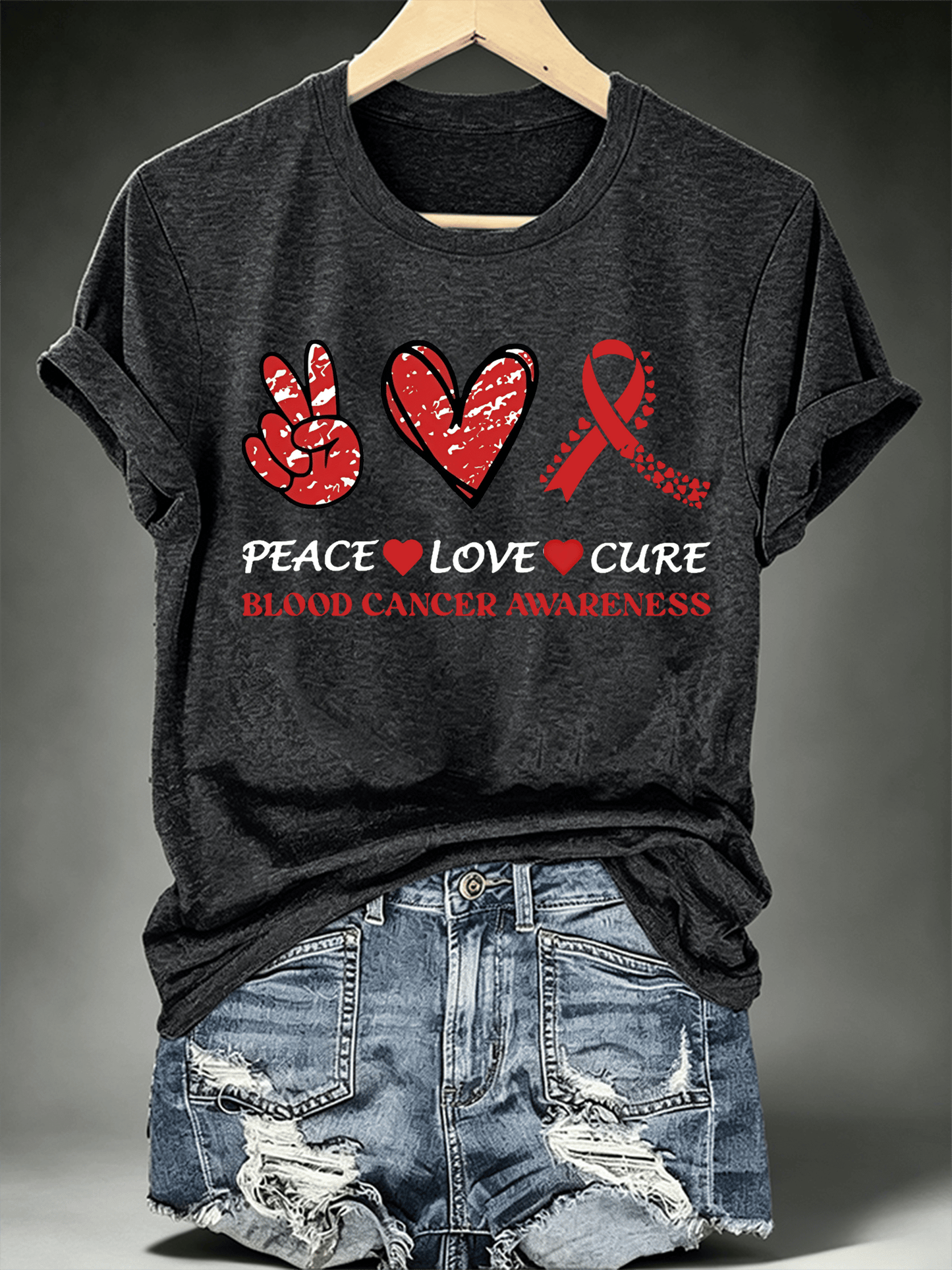 Women's T-shirts with designs promoting awareness of blood cancers