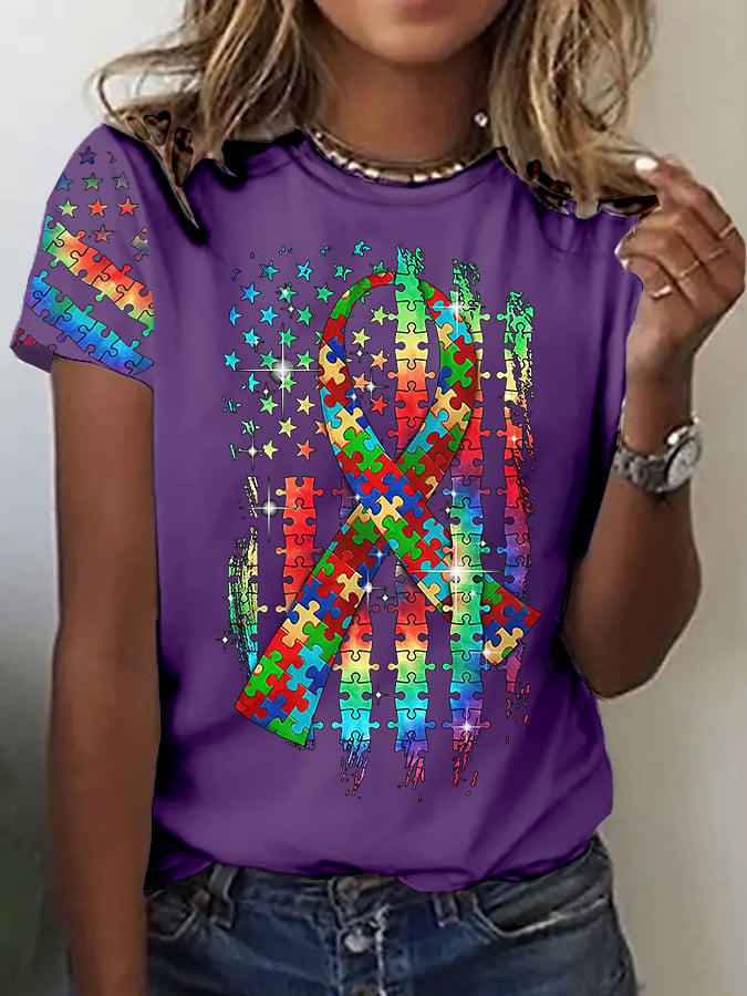Women’s Retro Autism Awareness Colorful Puzzle Pieces Ribbon American Flag Print Short Sleeve Casual T-Shirt