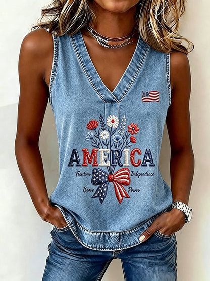 Women's 250th Anniversary Freedom Flower Art  Print Casual V-Neck Vest