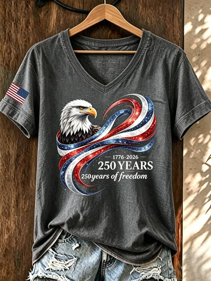 Women's American 250th Anniversary Print Casual V-Neck T-Shirt