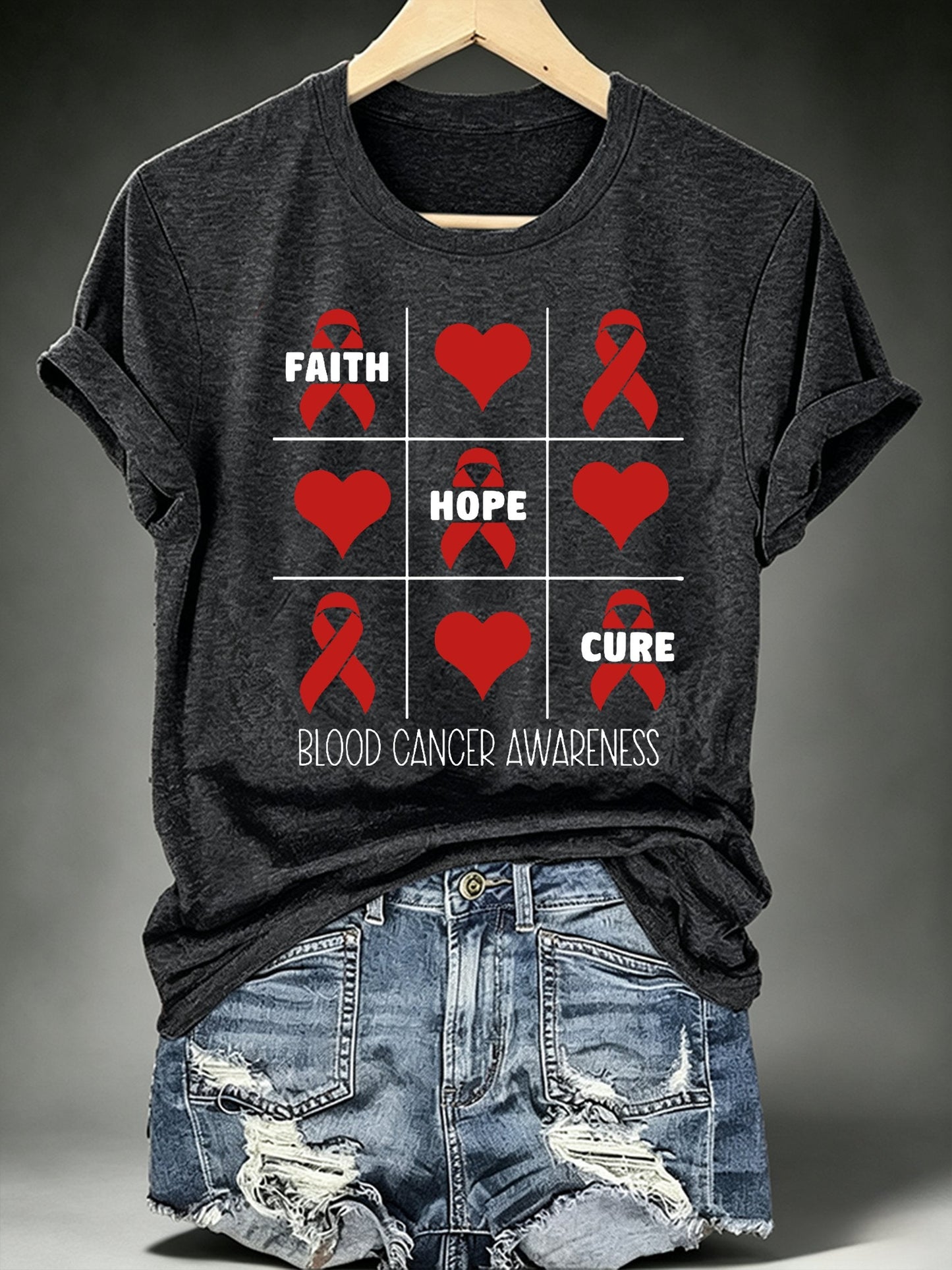 Women's T-shirts with designs promoting awareness of blood cancers