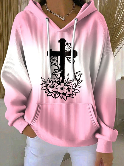 Women's Faith Cross Floral Print Hooded Sweatshirt