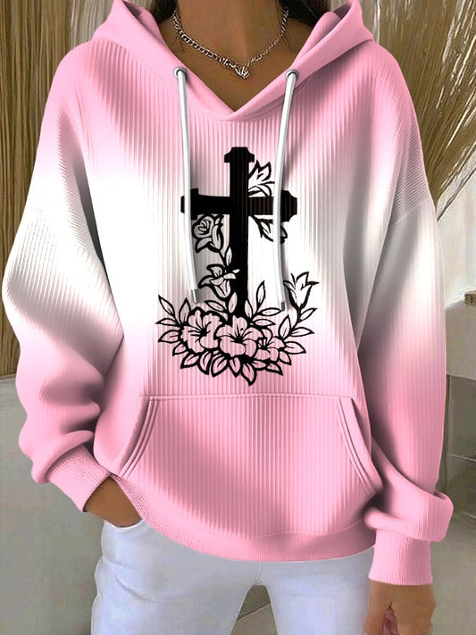 Women's Faith Cross Floral Print Hooded Sweatshirt