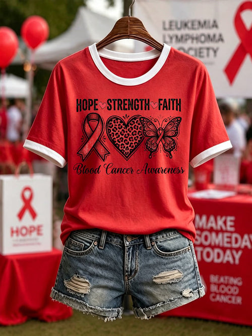 Women'S Blood Cancer Red Ribbon Health Awareness Round Neck T-Shirt
