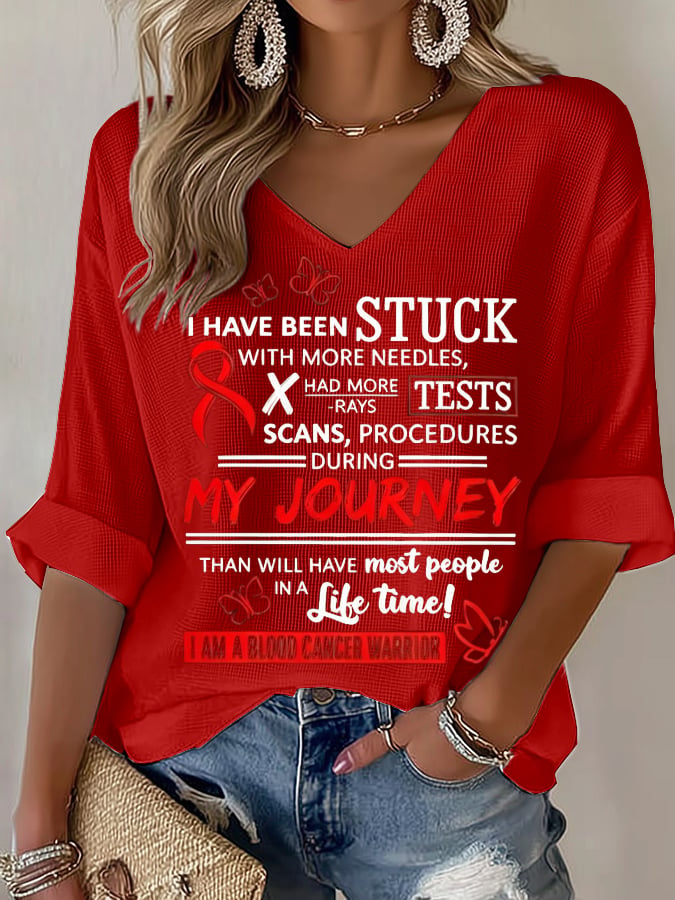 Women's Blood Cancer Red Ribbon Health Awareness Casual Printed Waffle Top