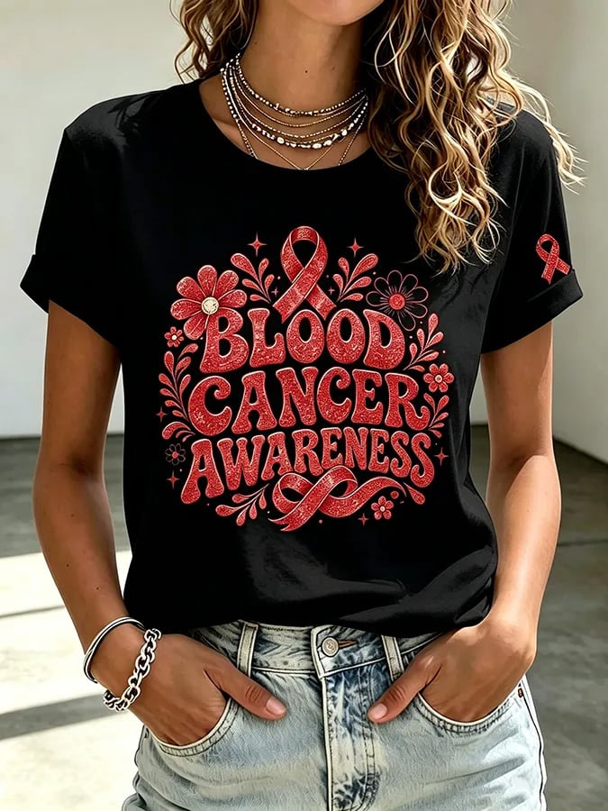 Women'S Blood Cancer Red Ribbon Health Awareness Round Neck T-Shirt