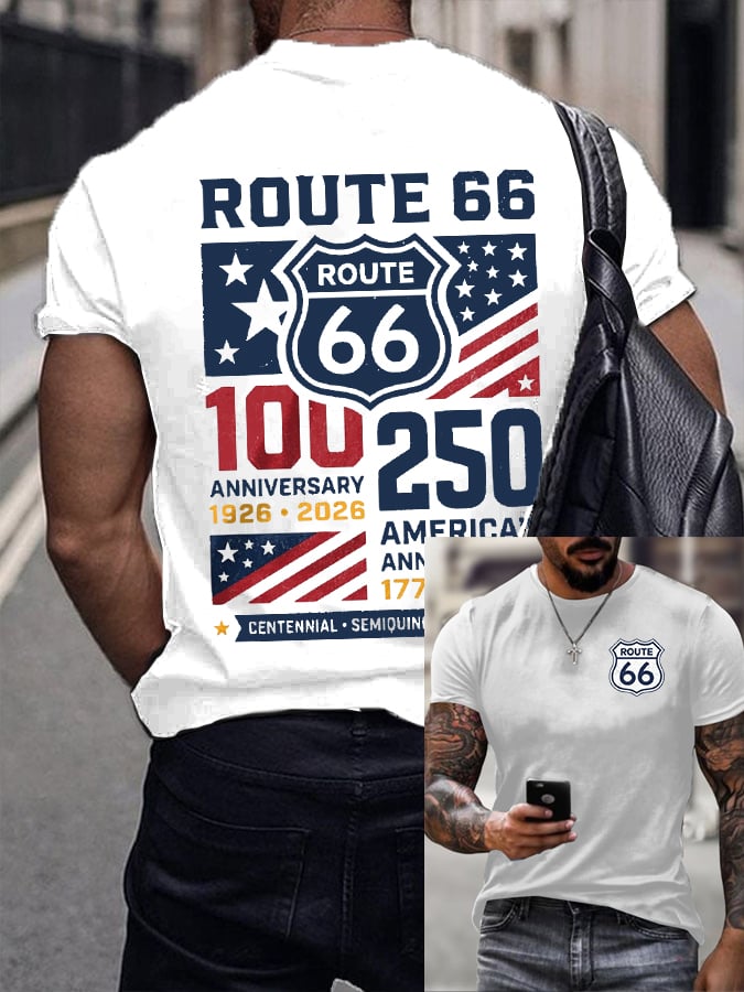 Men's America's 250th And Route 66's 100th Anniversary Print Round Neck T-shirt