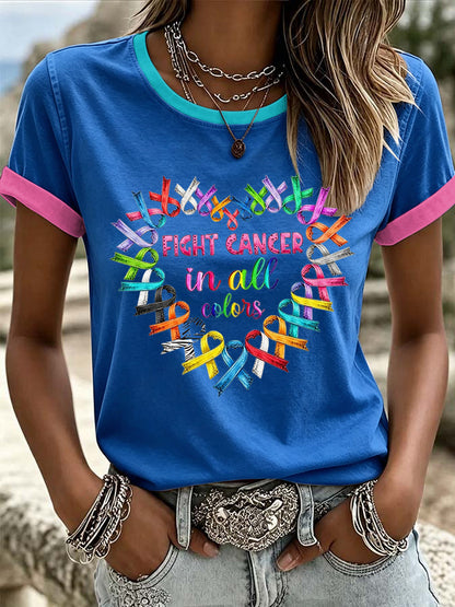 Women's Retro Fight Cancer In All Colors Printed T-shirt