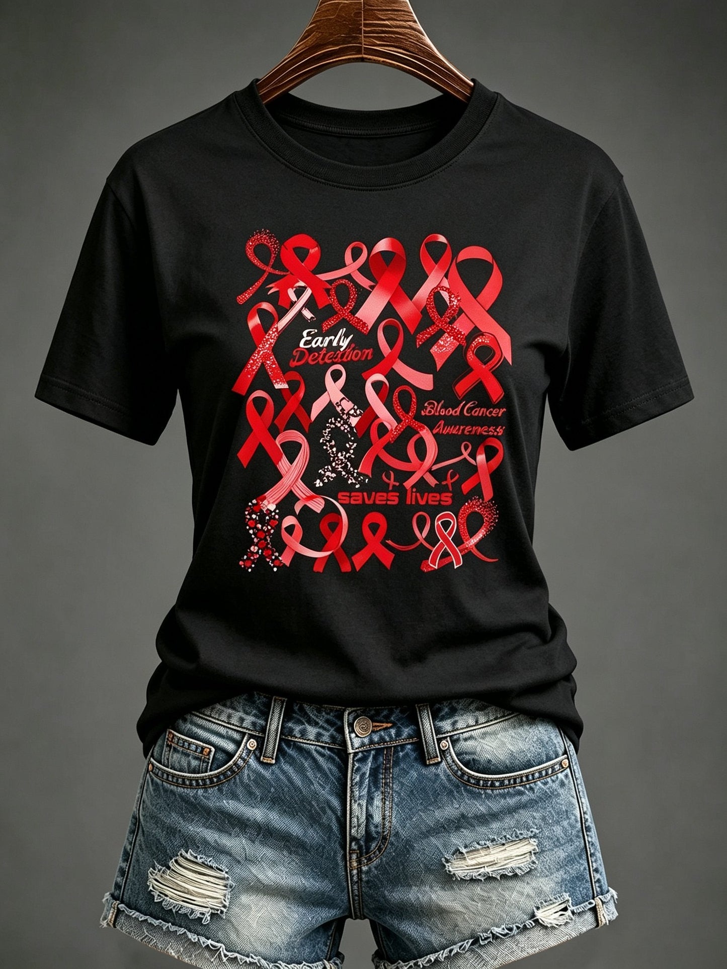 Women'S Blood Cancer Red Ribbon Health Awareness Round Neck T-Shirt
