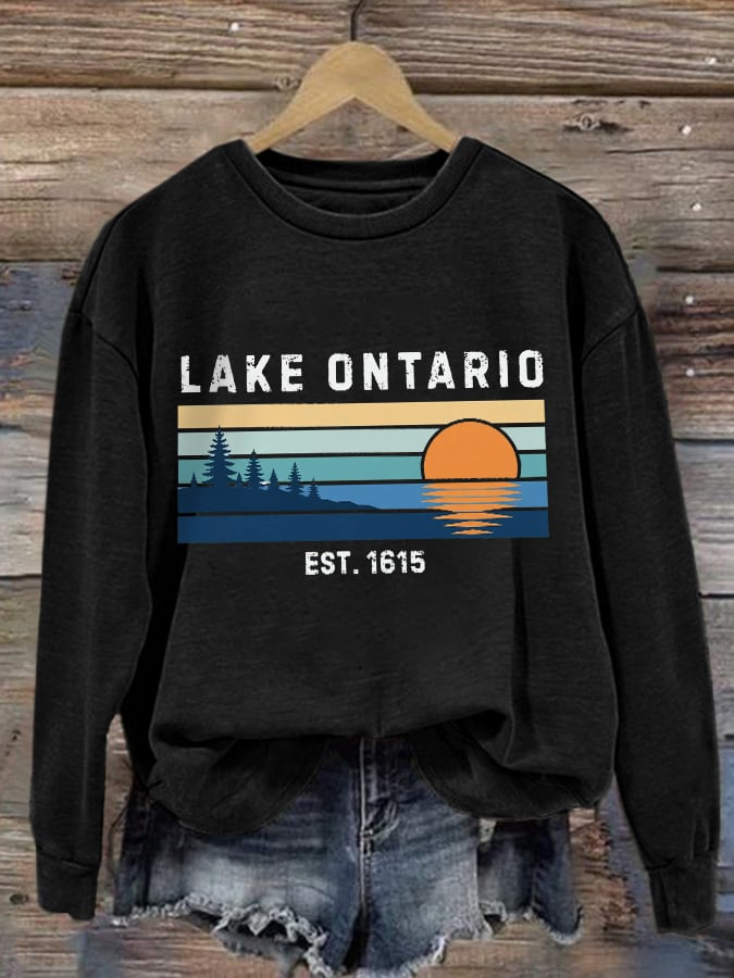 Retro Lake Ontario Est 1615 Print Sweatshirt