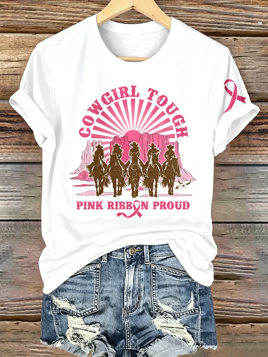 Pink Series Disease Health Awareness Public Welfare Printed Round Neck T-Shirt