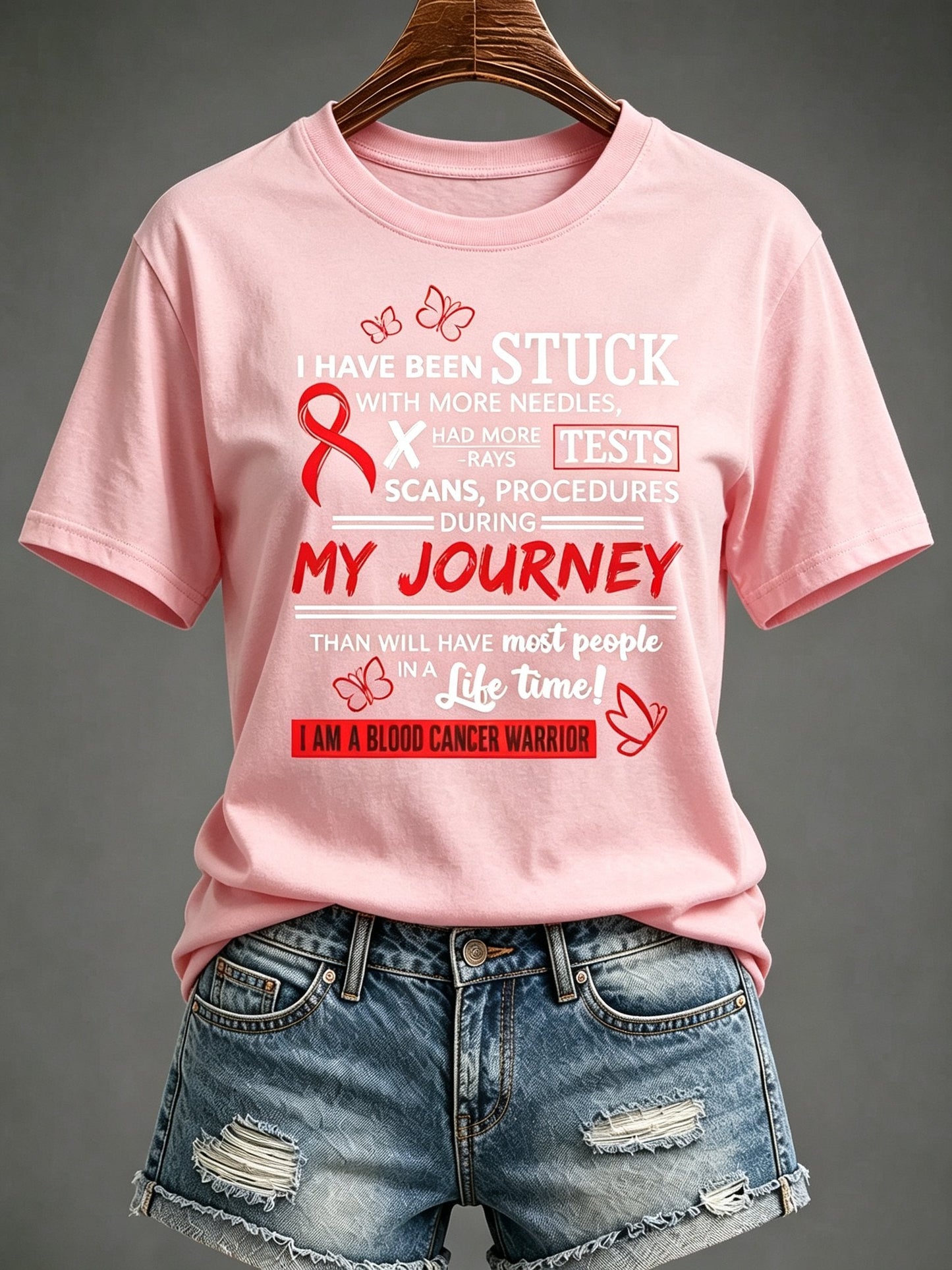 Women'S Blood Cancer Red Ribbon Health Awareness Round Neck T-Shirt