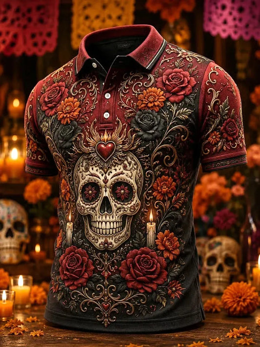 Men's Day Of The Dead Print Short Sleeve Polo Shirt