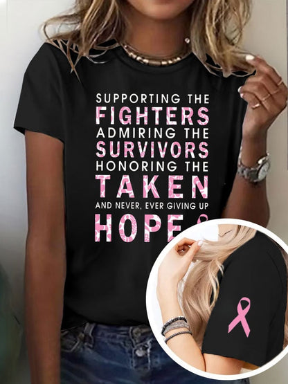 Women's Breast Cancer Awareness Motivational Slogan Printed Crew Neck T-Shirt